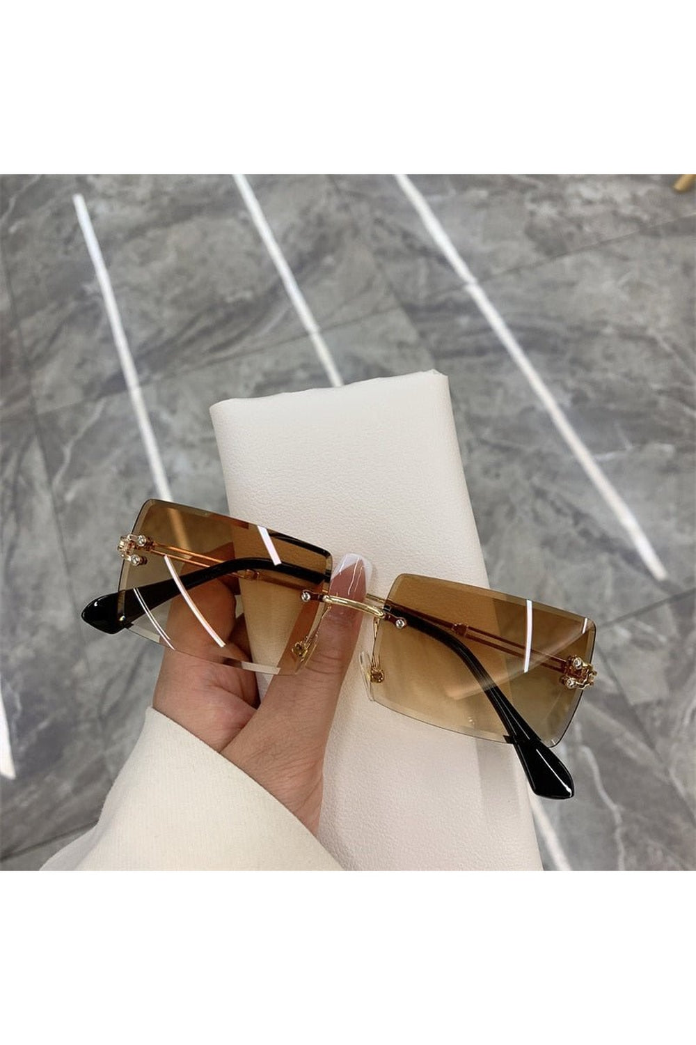 Chic frameless rectangle shades in Gold Tea.