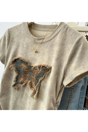 Stylish Khaki Frayed Butterfly Patch Top.