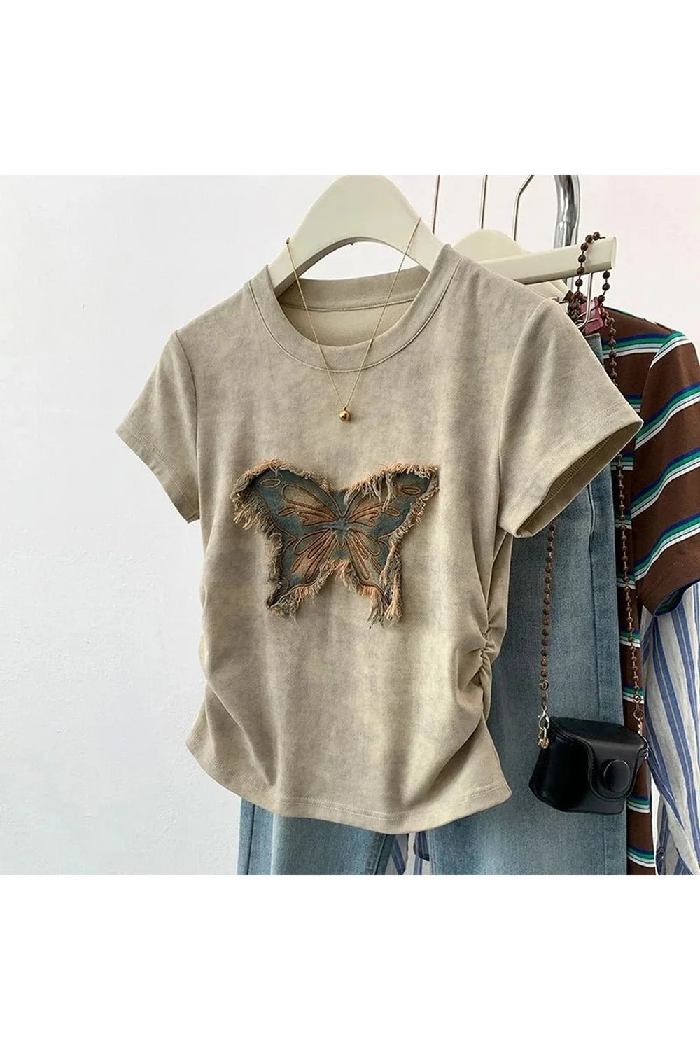 Stylish Khaki Frayed Butterfly Patch Top.