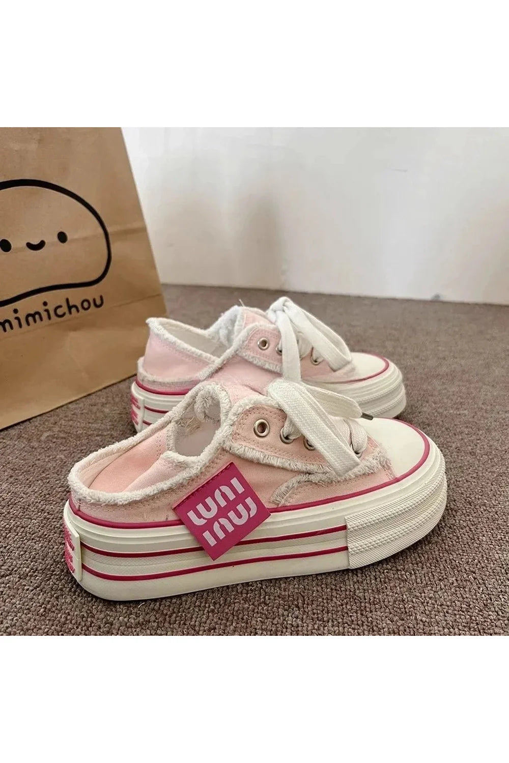 Stylish Pink Frayed Canvas Platform Sneakers.