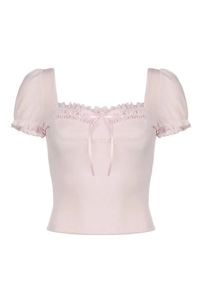 Pink Frill Lace Bow Top with delicate details.