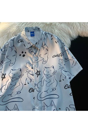 Fun Cartoon Cat Print Summer Shirt