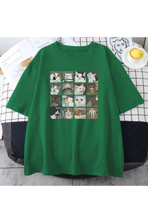 Oversize green T-shirt featuring funny cat meme.