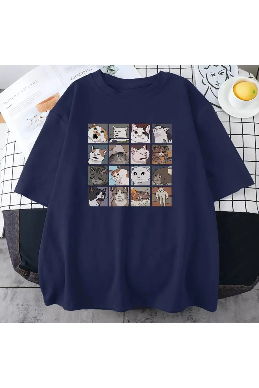 Oversize Dark Blue Funny Cat Meme T-Shirt.