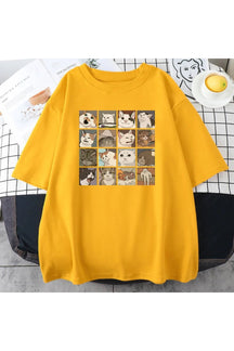 Oversize yellow tee featuring funny cat meme.