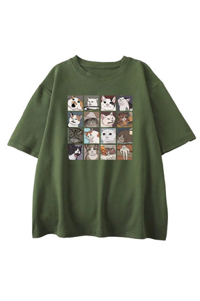 Oversized Dark Green T-Shirt with Funny Cat Meme.