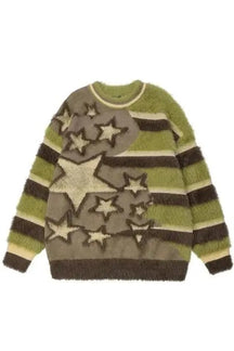 Cozy Green Fuzzy Galaxy Star Sweater with shimmer.