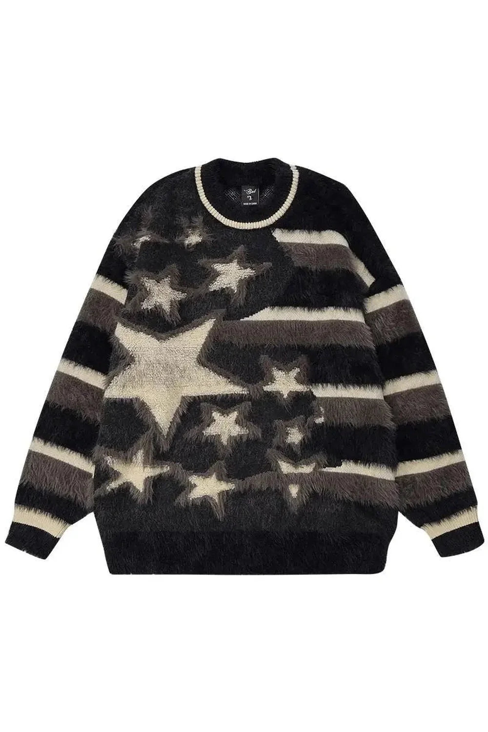 Cozy black sweater with fuzzy galaxy star design.