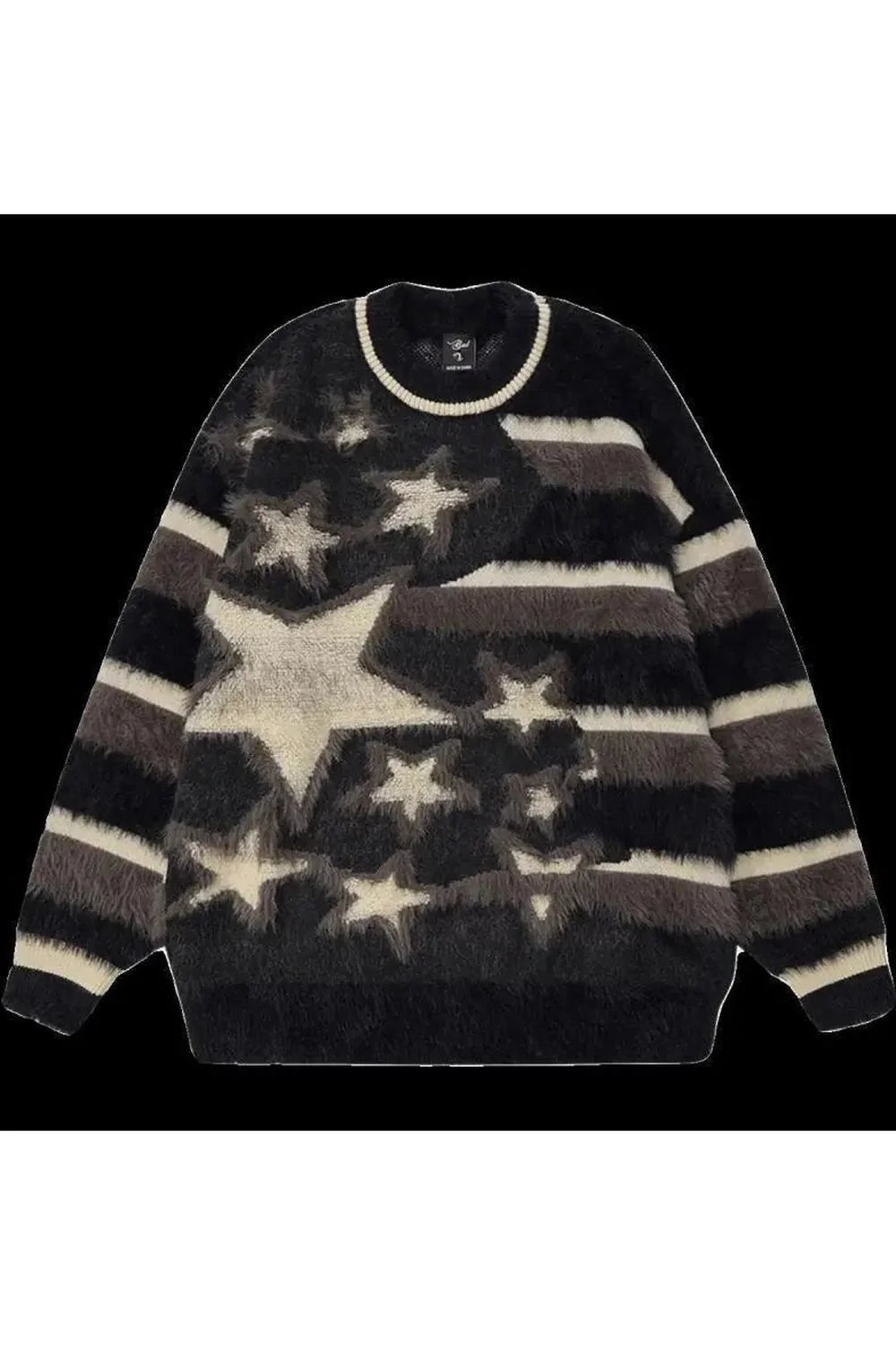 Cozy black sweater with fuzzy galaxy star design.