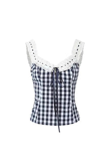 Blue Gingham Lace-Up Ruffle Top with elegance.