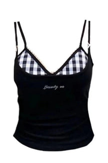 Stylish Gingham Peekaboo Cami Top in Black Plaid.