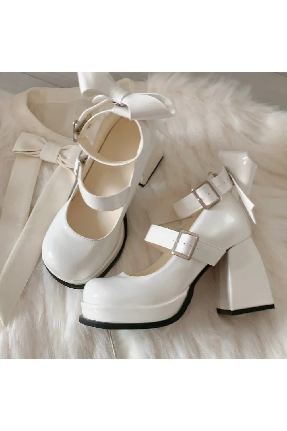 Stylish Glossy Beige Bow Accent Platform Shoes.