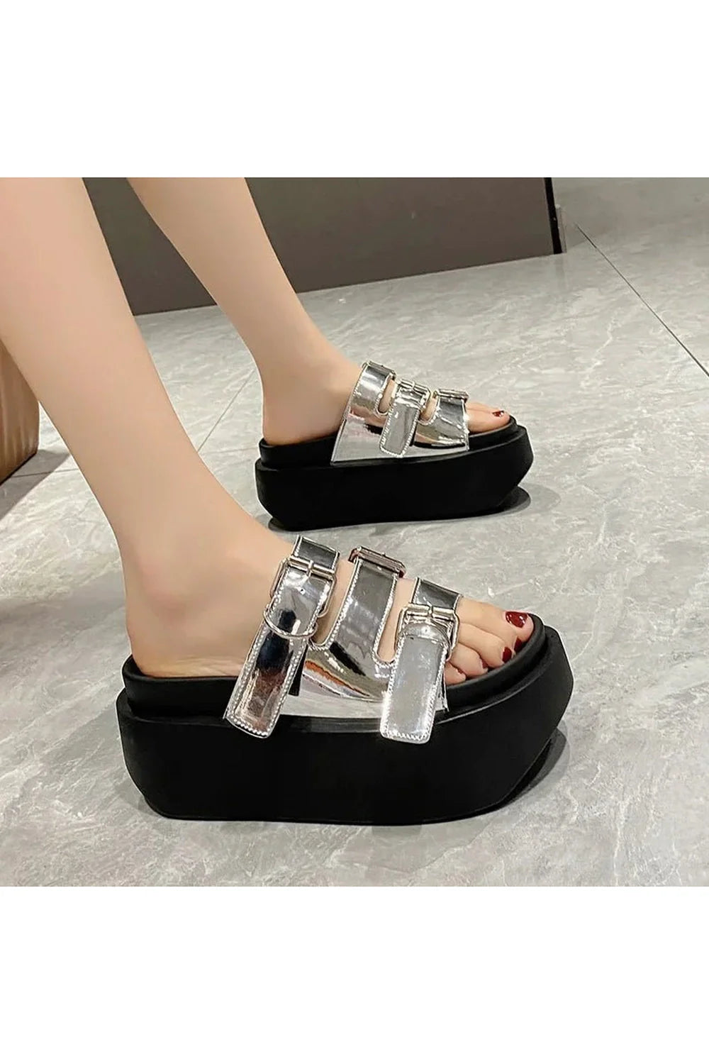 Chic Glossy Black Buckle Sandals with Platform Style