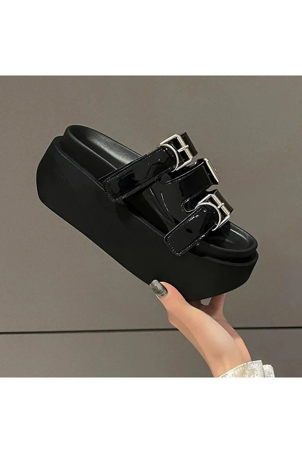 Glossy Buckle Platform Sandals