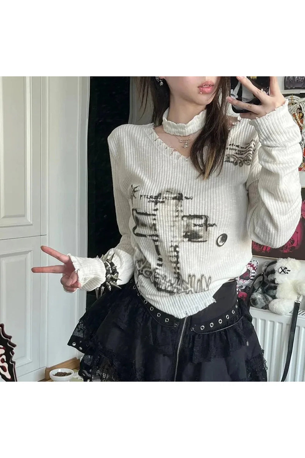 Goblincore Off-Shoulder Grunge Print Sweater