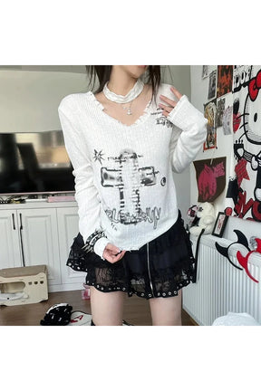 Goblincore Off-Shoulder Grunge Print Sweater