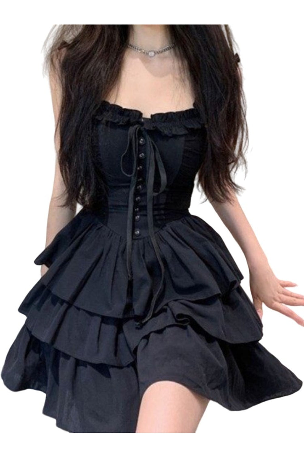 Black Goth Harajuku Slip Dress with lace detail.