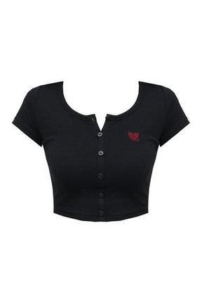 Black Goth Heart Embroidery Crop Top with flair.