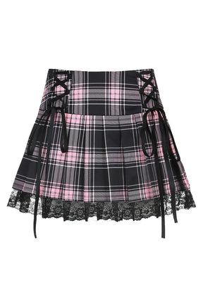 Red Goth Lace Trim Plaid Skirt with style.