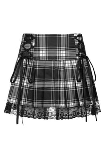 Black Goth Lace Trim Plaid Skirt, edgy style.