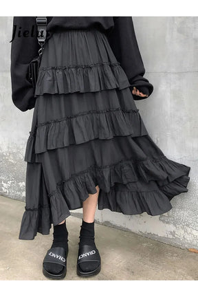 Black Goth Lolita Midi Skirt with lace detailing.