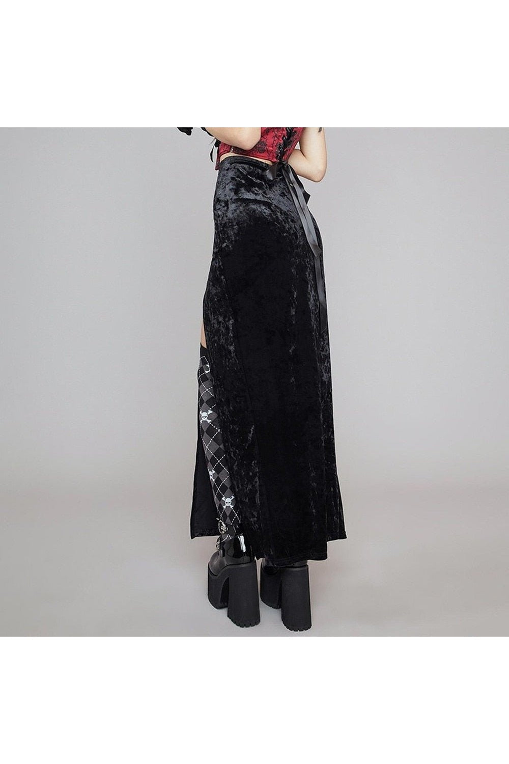 Black Goth Velvet Split Skirt, Gothic elegance.