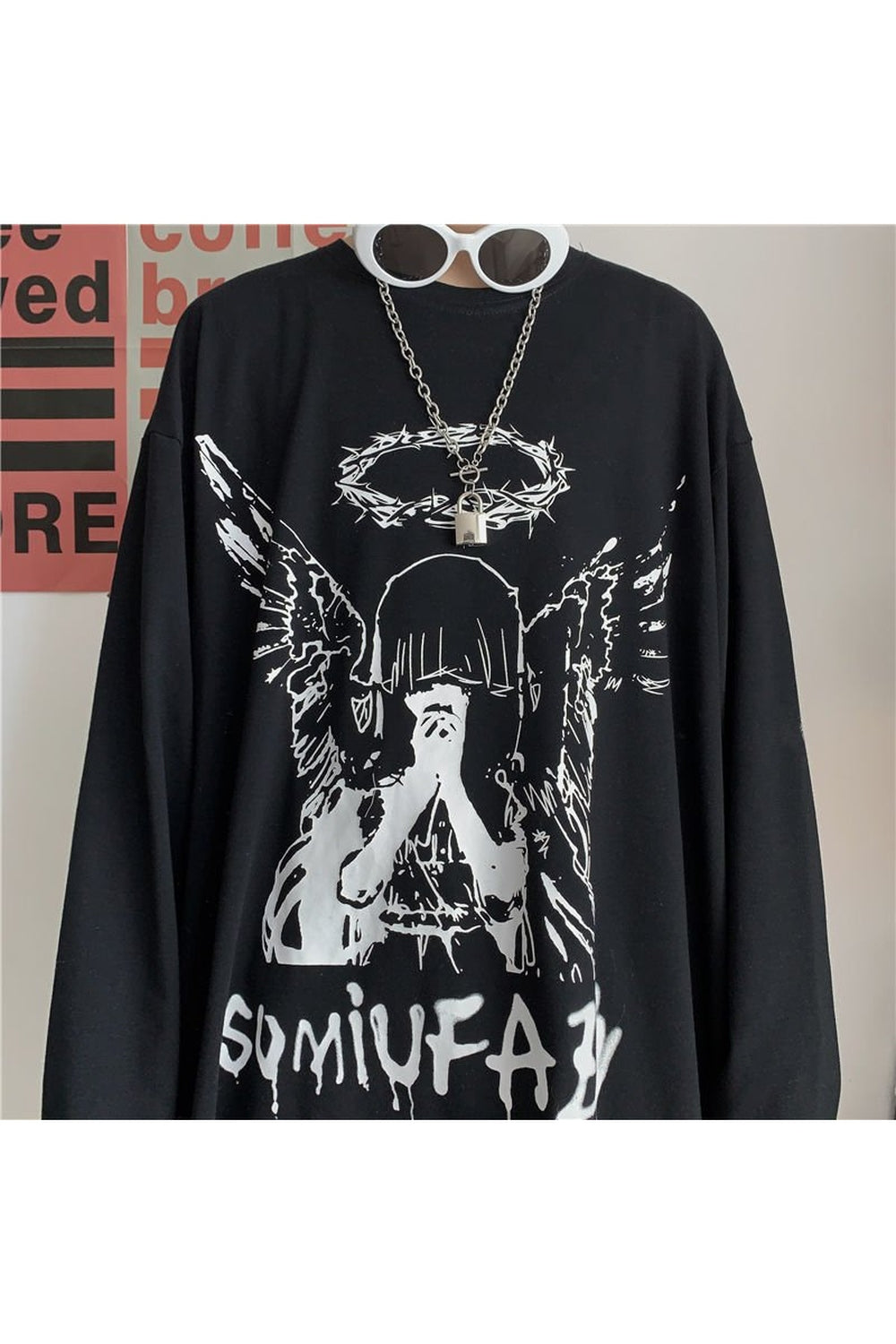 Black Gothic Angel Long Sleeve T-shirt with elegance.