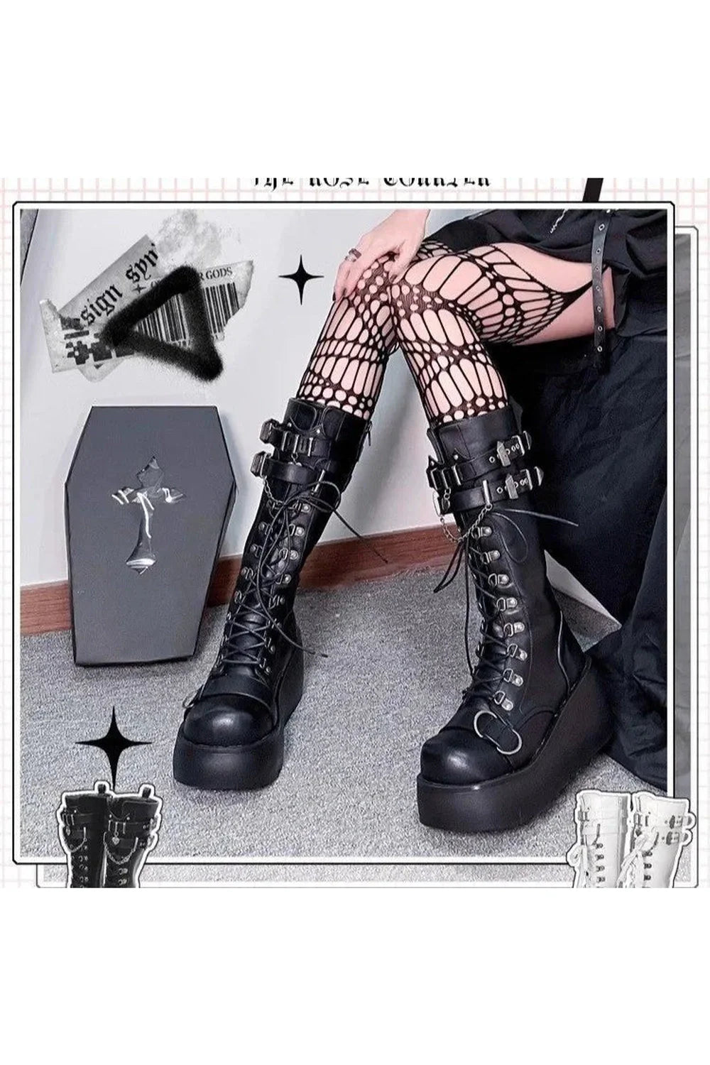 Stylish Gothic black platform combat boots for women.