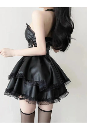 Gothic Black Lace-up Mini Dress