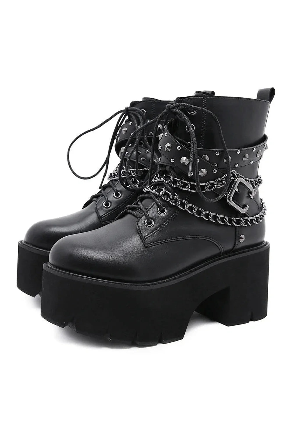 Stylish Gothic black rivets ankle boots, black shoes.