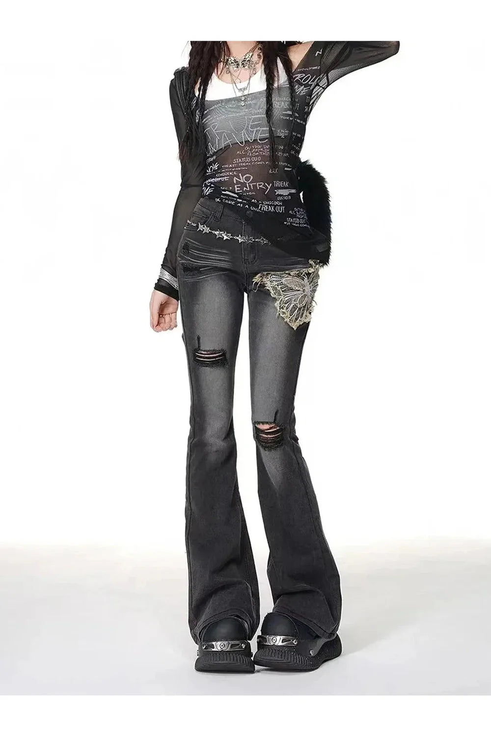 Black Gothic Butterfly Distressed Flare Jeans with flair.