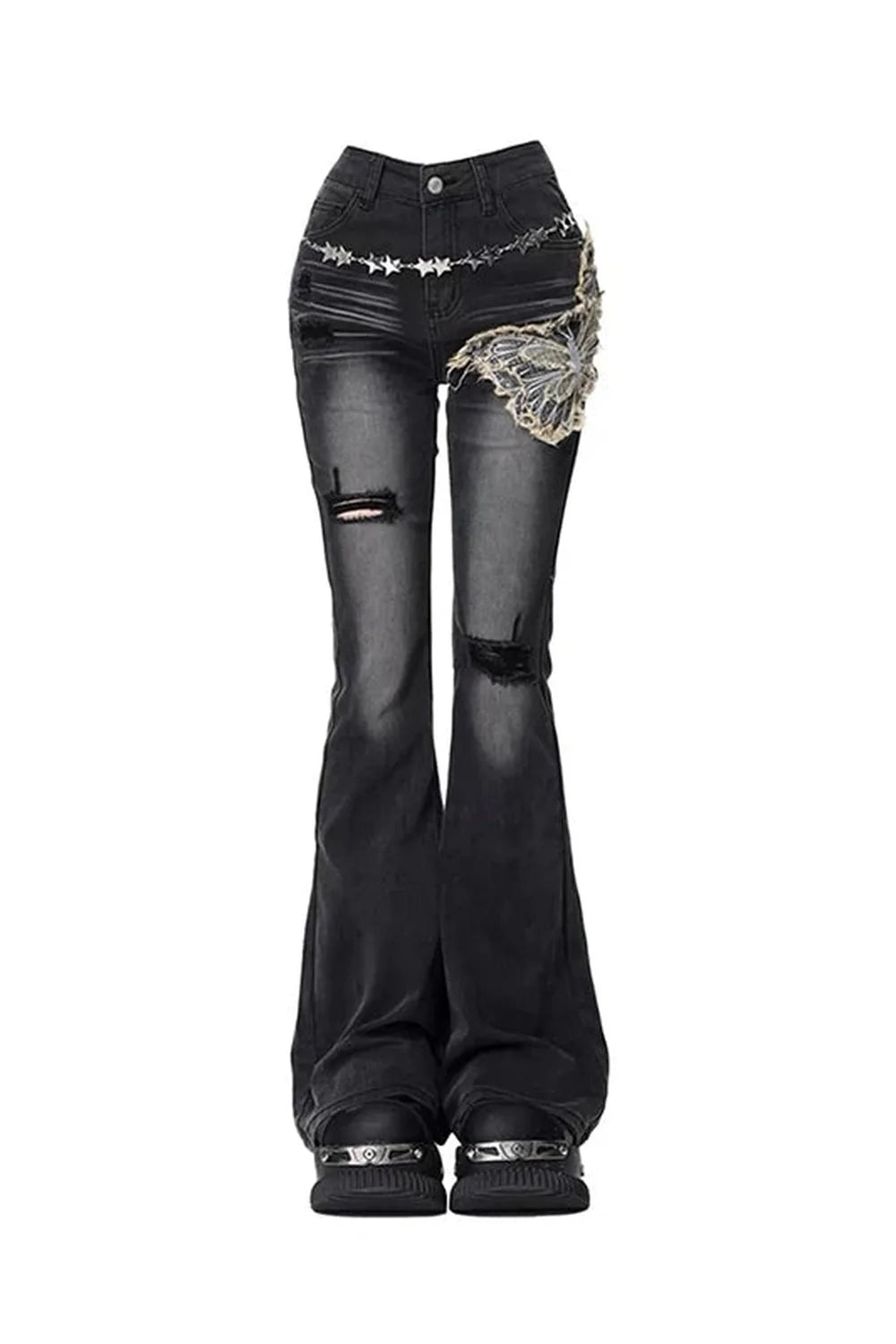 Black Gothic Butterfly Distressed Flare Jeans with flair.