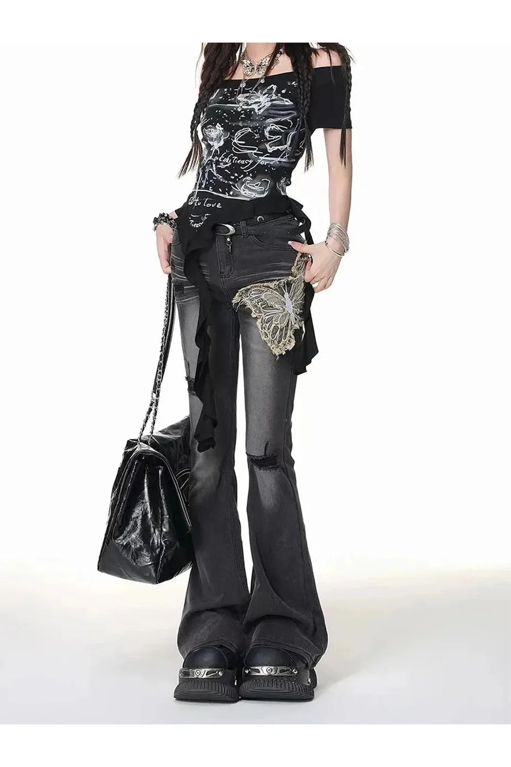 Gothic Butterfly Distressed Flare Jeans