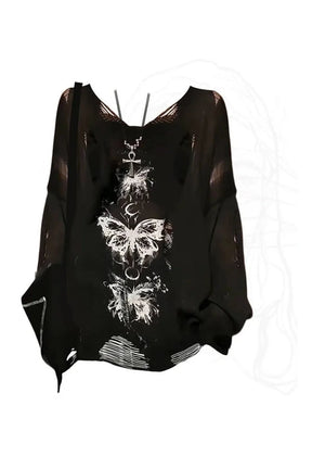 Black distressed Fall Gothic Butterfly Sweater.