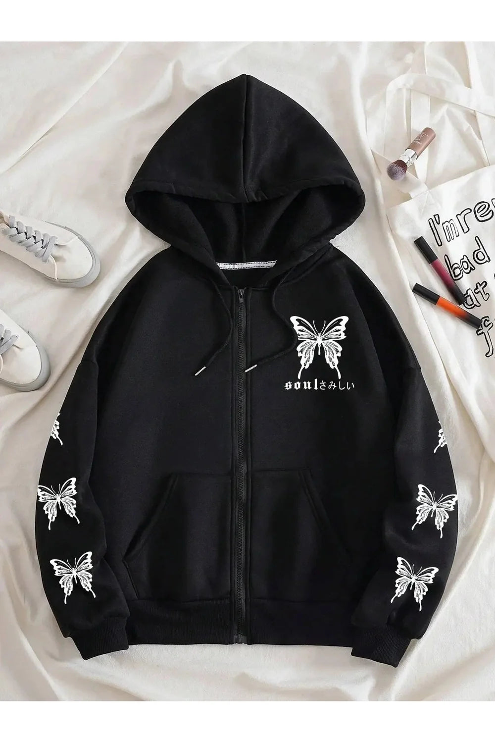 Black Fall Gothic Butterfly Zip-Up Hoodie with elegance.