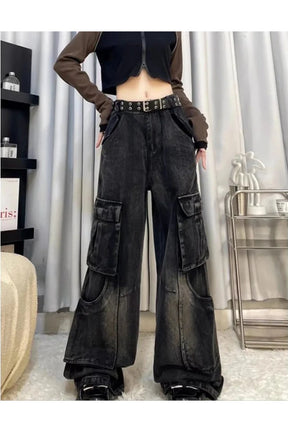 Fall Gothic Cargo Flare Jeans in Black, stylish.