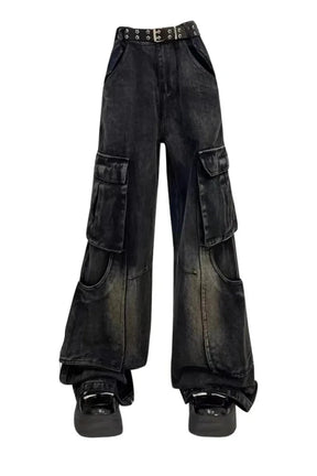 Fall Gothic Cargo Flare Jeans in Black, stylish.