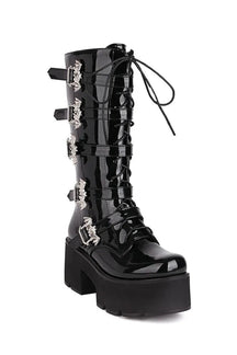 Stylish Gothic Chunky Motorcycle Boots in Glossy PU.