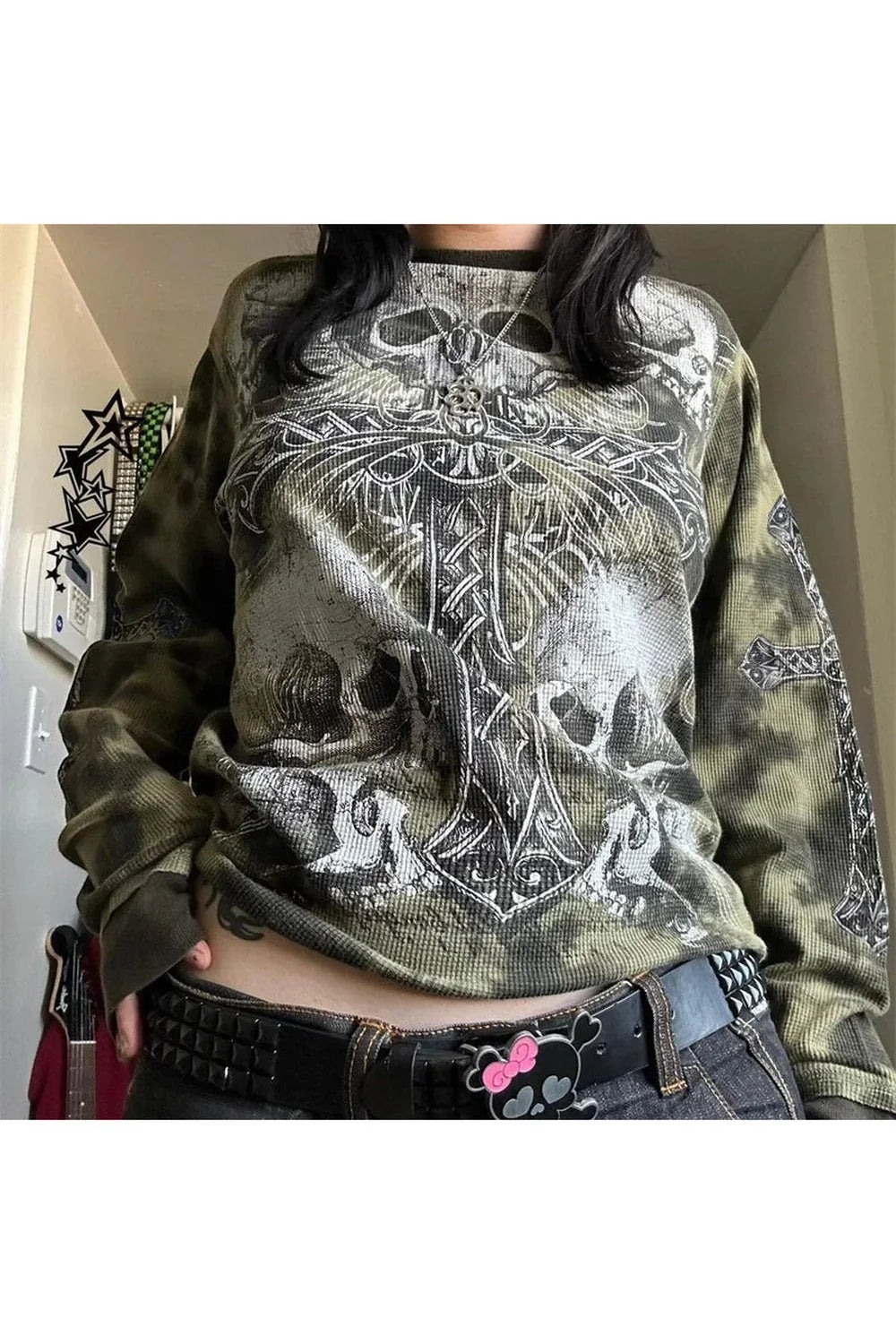 Green Gothic Cross and Skull Print Long Sleeve.