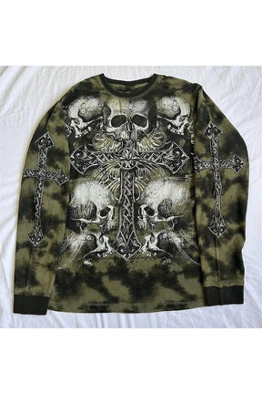 Gothic Cross and Skull Print Long Sleeve