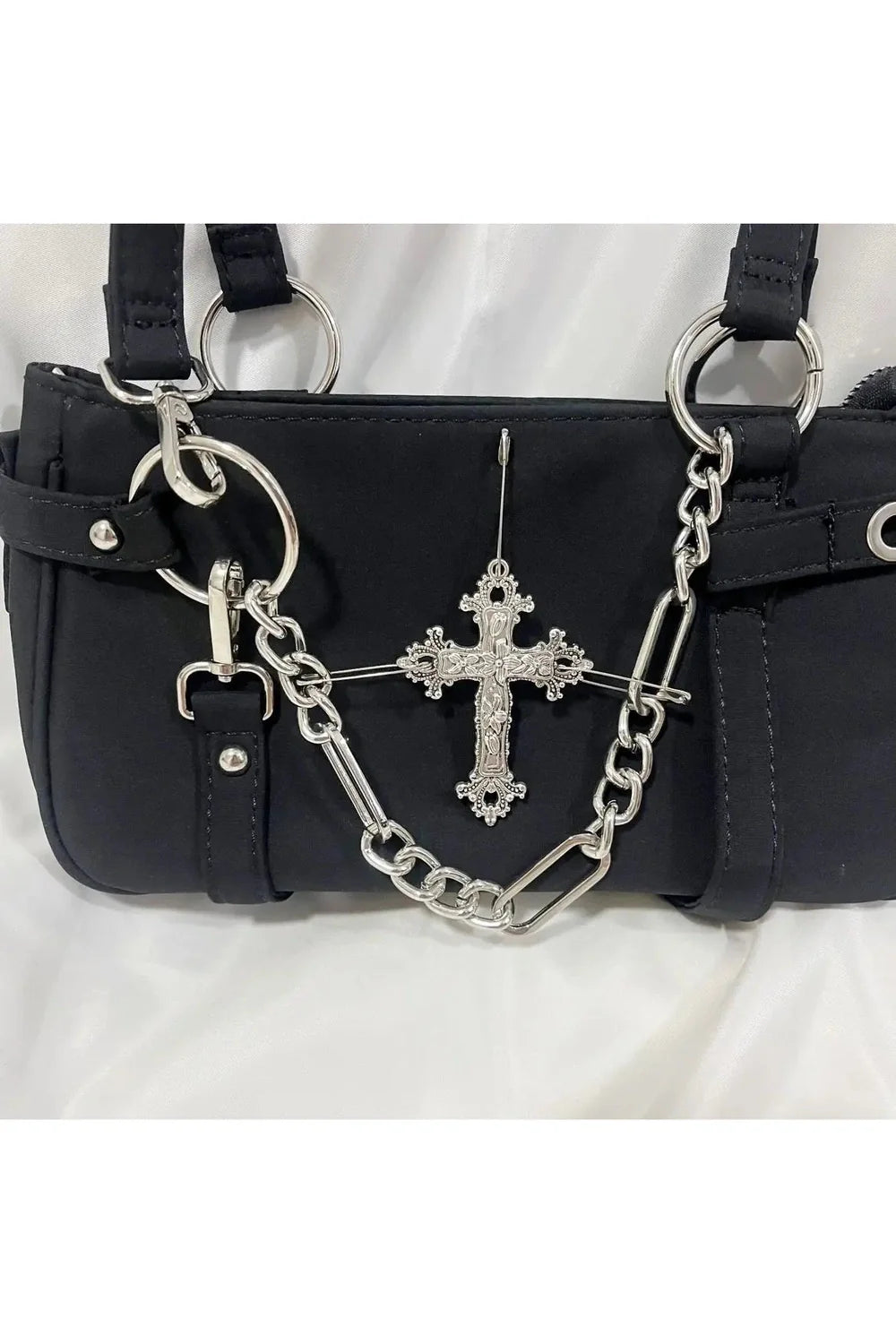 Black Gothic Cross Chain Shoulder Bag, edgy style.