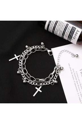 Gothic Cross Charm Layered Bracelet