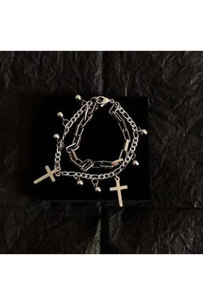 Gothic Cross Charm Layered Bracelet