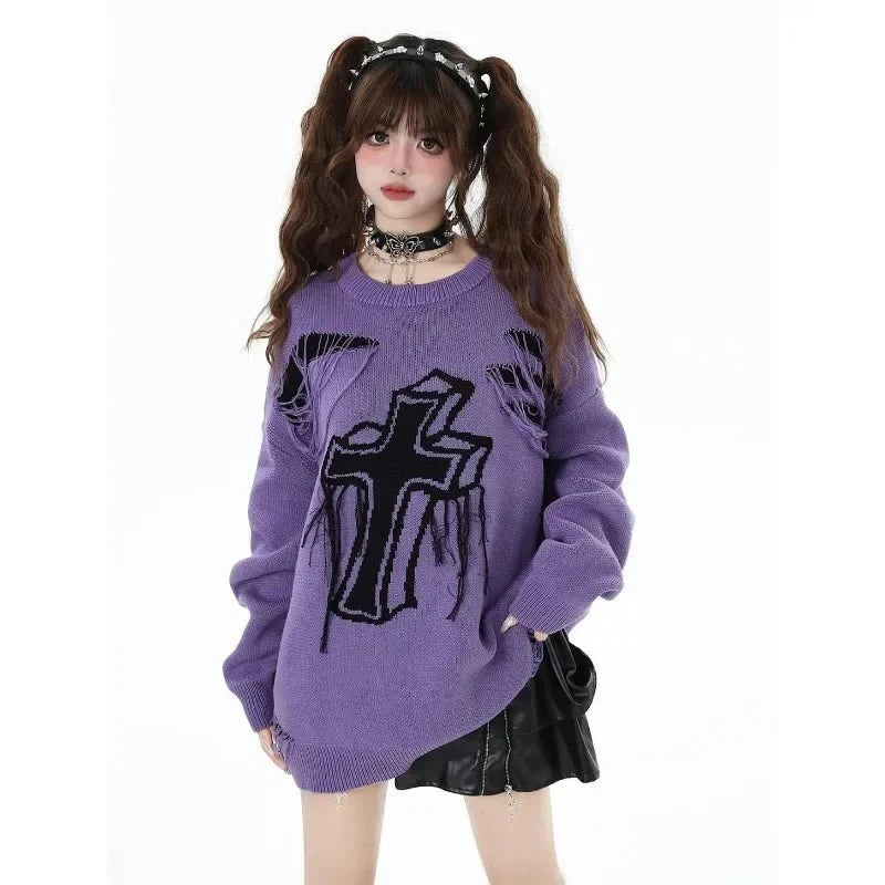 Gothic Cross Distressed Sweater