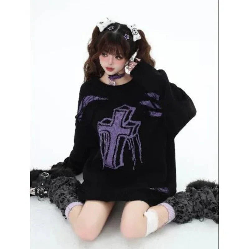 Gothic Cross Distressed Sweater