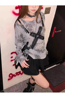 Black Gothic Cross Strap Top - PIC variant.