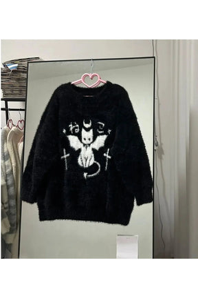 Oversized Black Gothic Demon Sweater, bold style.