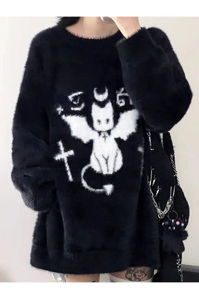 Oversized Black Gothic Demon Sweater, bold style.