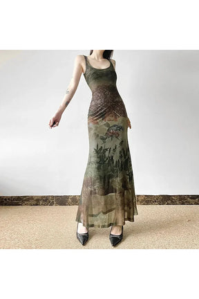 Maxi dress with gothic forest print as seen.