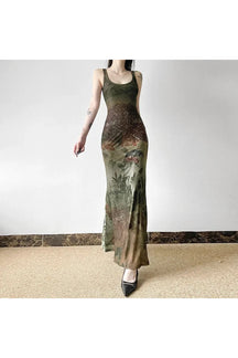 Maxi dress with gothic forest print as seen.